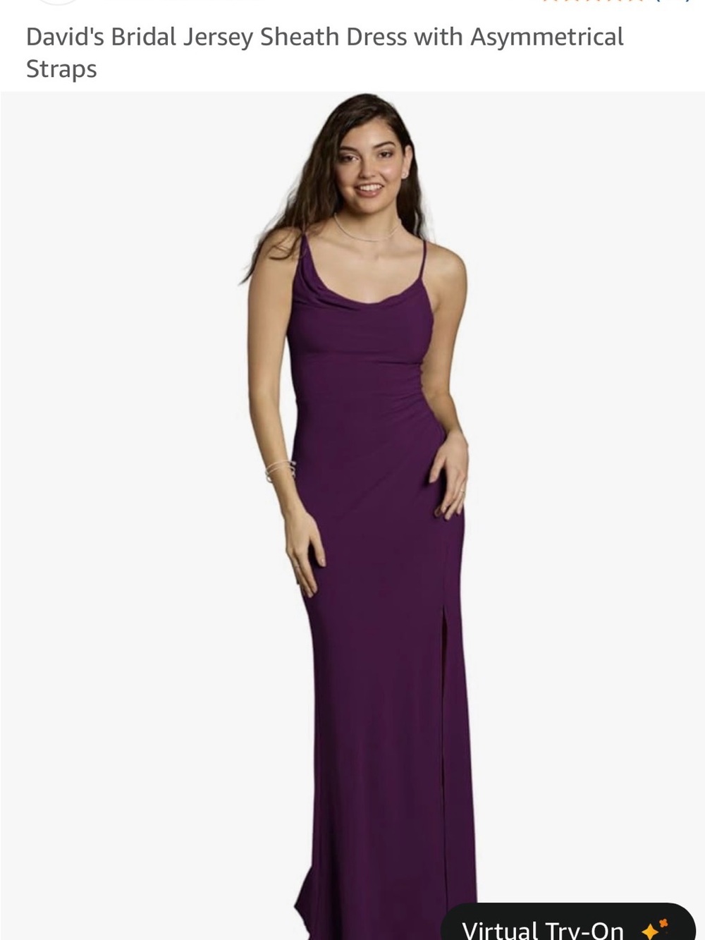 David's Bridal Purple Jersey Sheath Gown with Asymmetric Straps